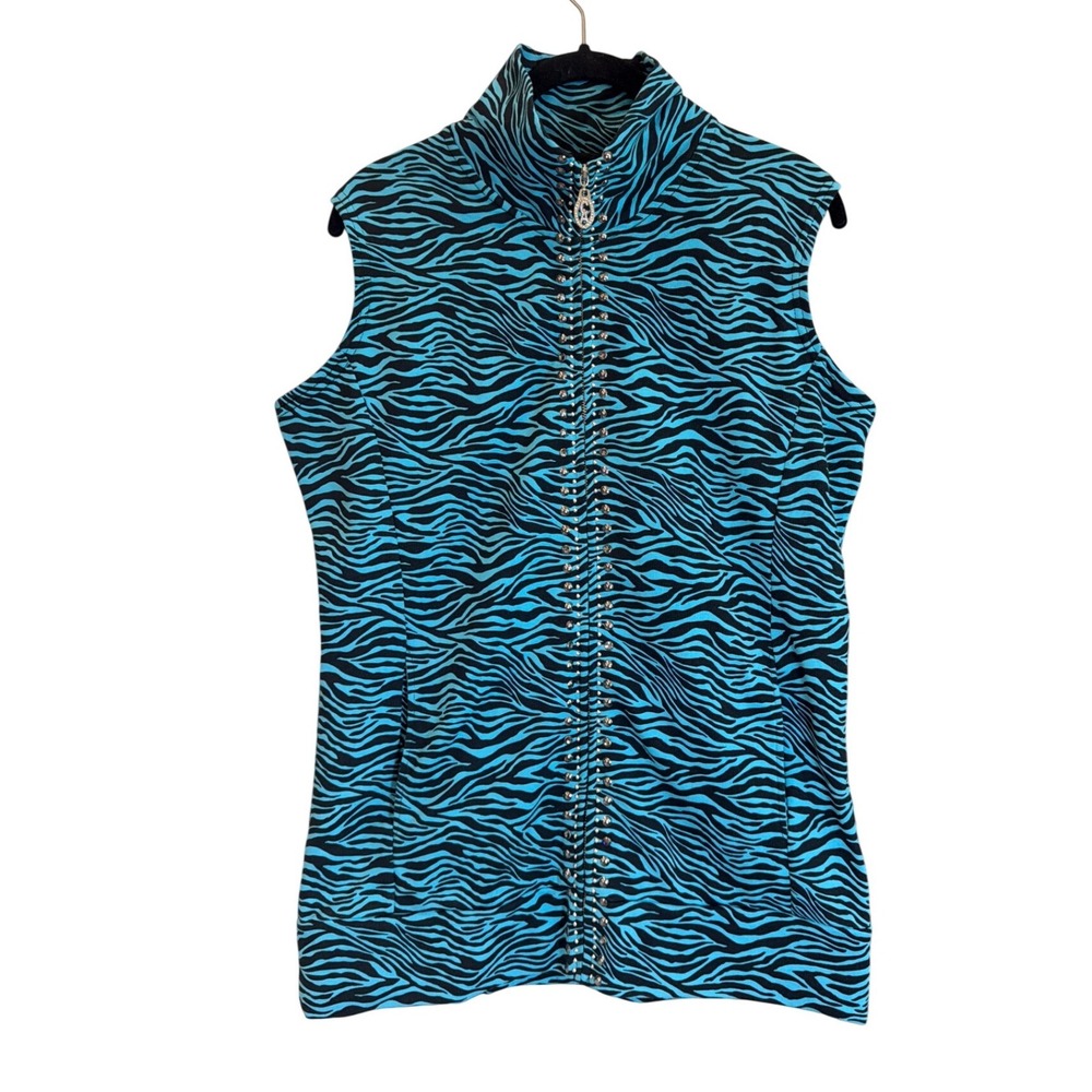 Christine Alexander Womens Zebra Print Studded Zip Up Vest Turquoise Black Large